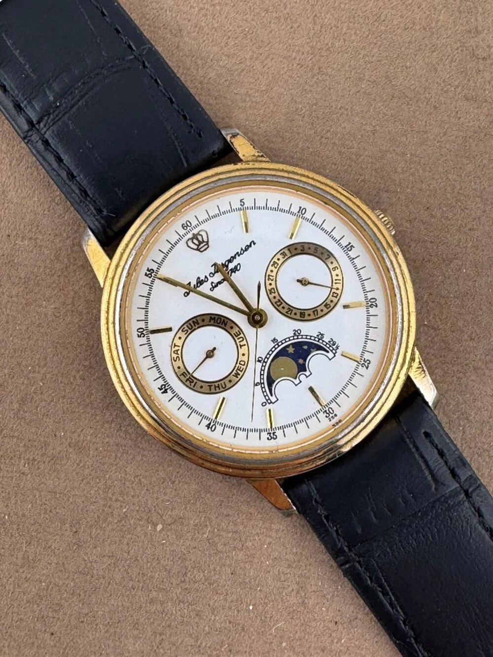 Vintage Jules Jurgensen Moon Phase Watch Day & Date 9 inch Black Leather Strap